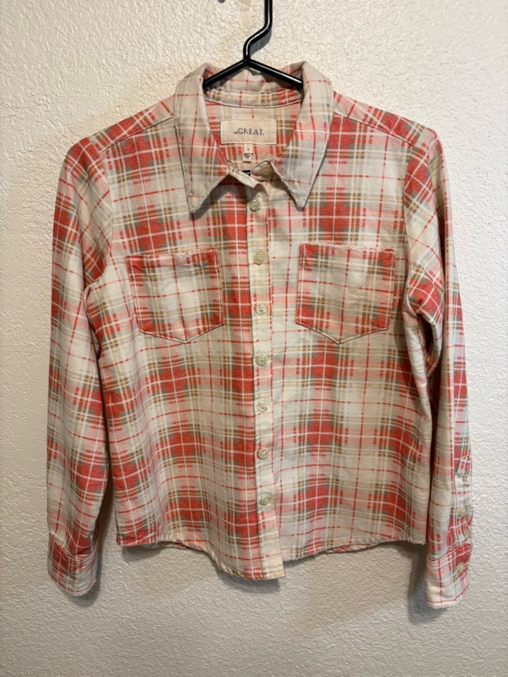 THE GREAT. Cream and Orange Plaid Shirt - size 0, XS
